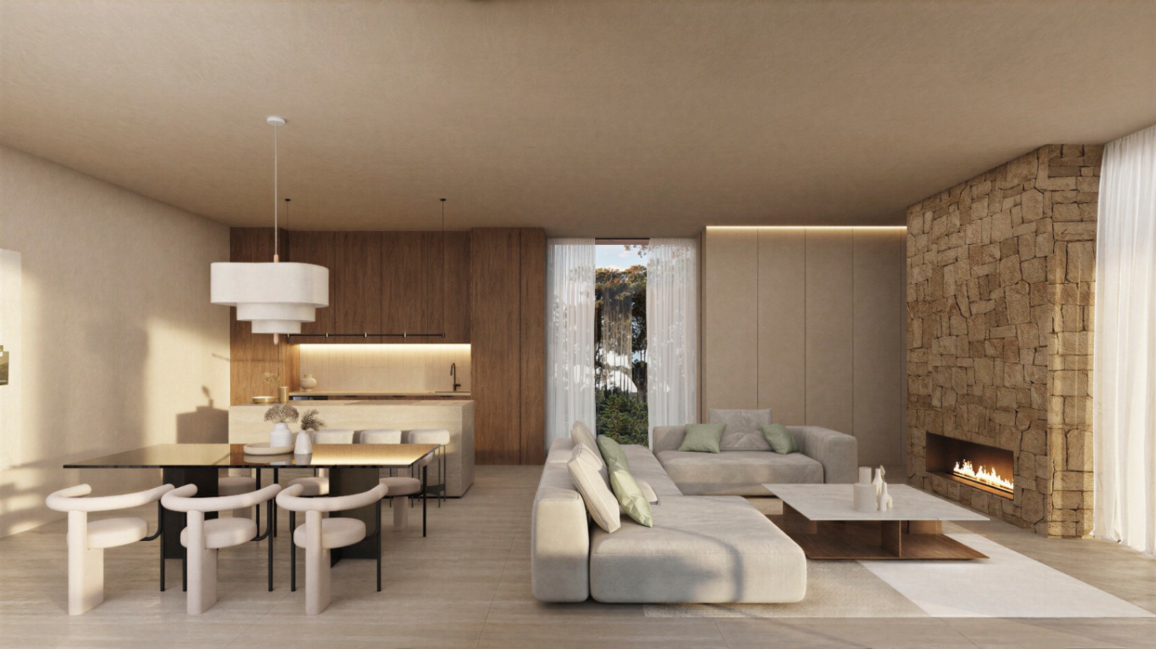 Salón-comedor diáfano con chimenea integrada en muro de piedra natural, cocina de madera con isla y mobiliario de diseño en tonos neutros.
