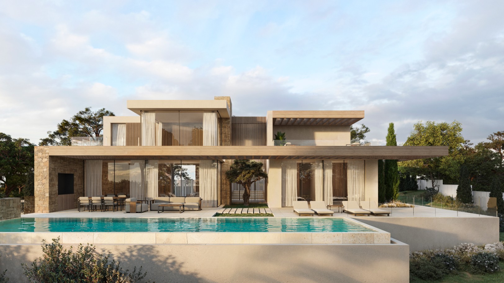 Vista exterior de la villa con piscina infinita, amplias terrazas cubiertas por pérgolas de madera y fachada que integra piedra natural con grandes ventanales.