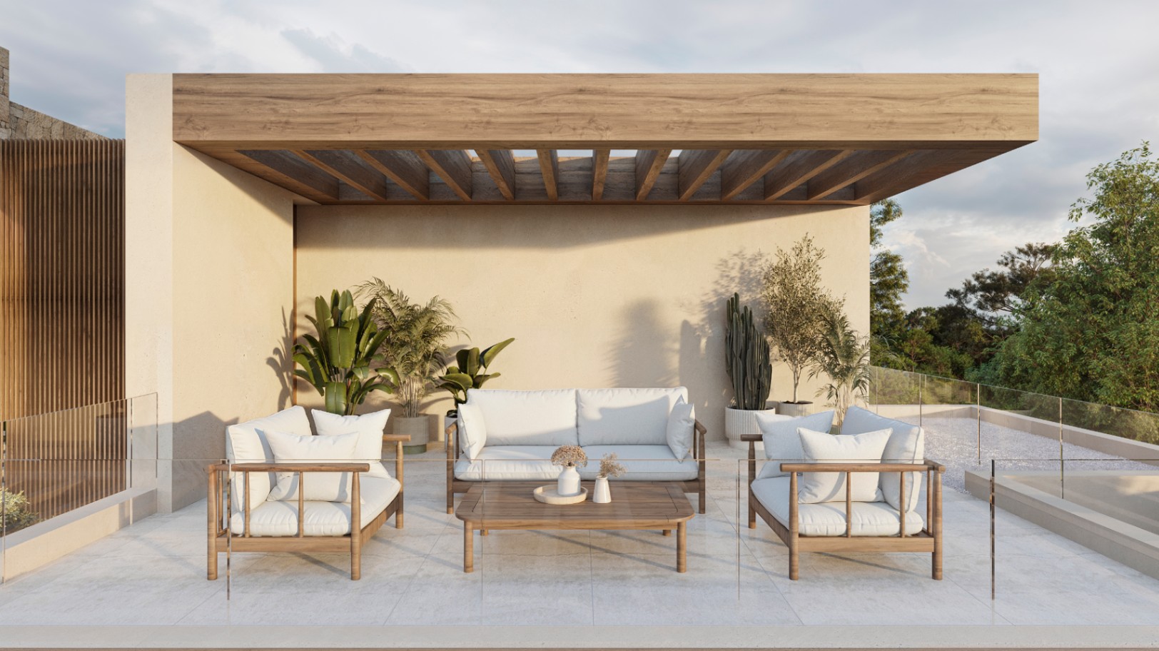 Zona de estar exterior protegida por una pérgola de madera, con mobiliario de diseño, suelos de piedra clara y barandillas de cristal que maximizan las vistas.