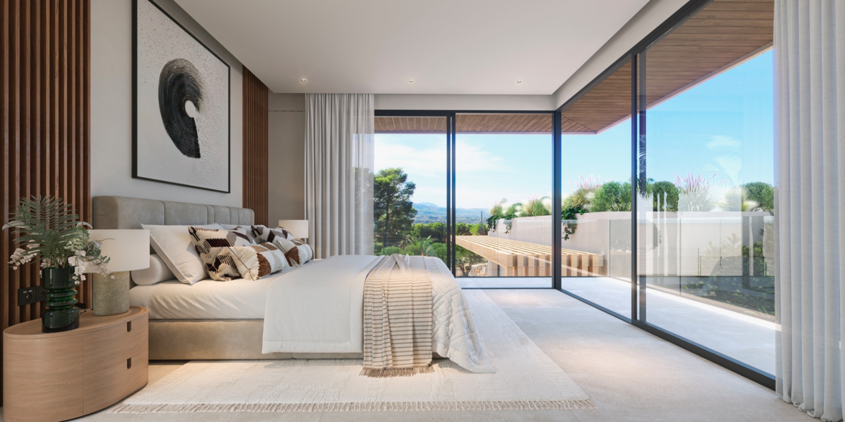 Dormitorio principal con ventanales de suelo a techo, paneles de madera decorativos y acceso directo a una terraza privada con vistas al entorno natural.