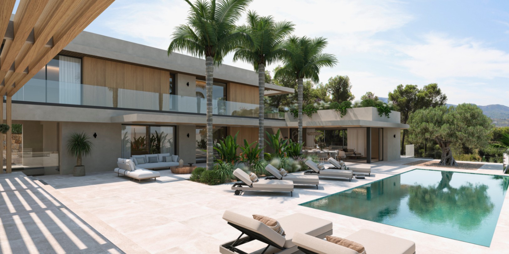 Exterior de villa moderna con piscina rectangular, amplia terraza de piedra clara, palmeras integradas y fachada con acabados en madera y hormigón visto.