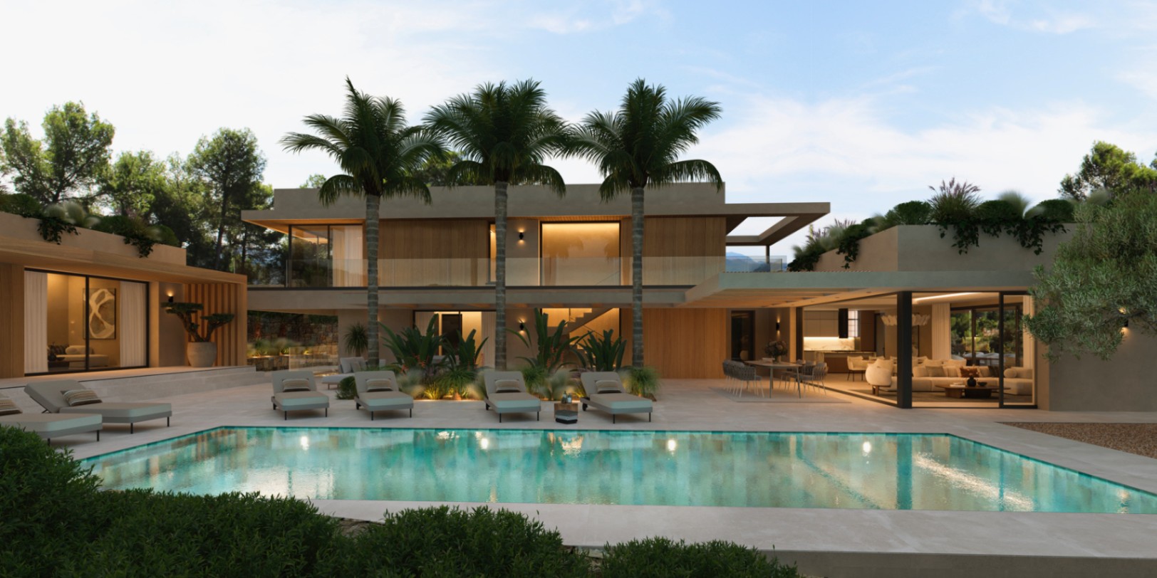 Vista exterior de la villa con piscina rectangular, palmeras integradas y fachada de diseño moderno con paneles de madera y amplios ventanales.