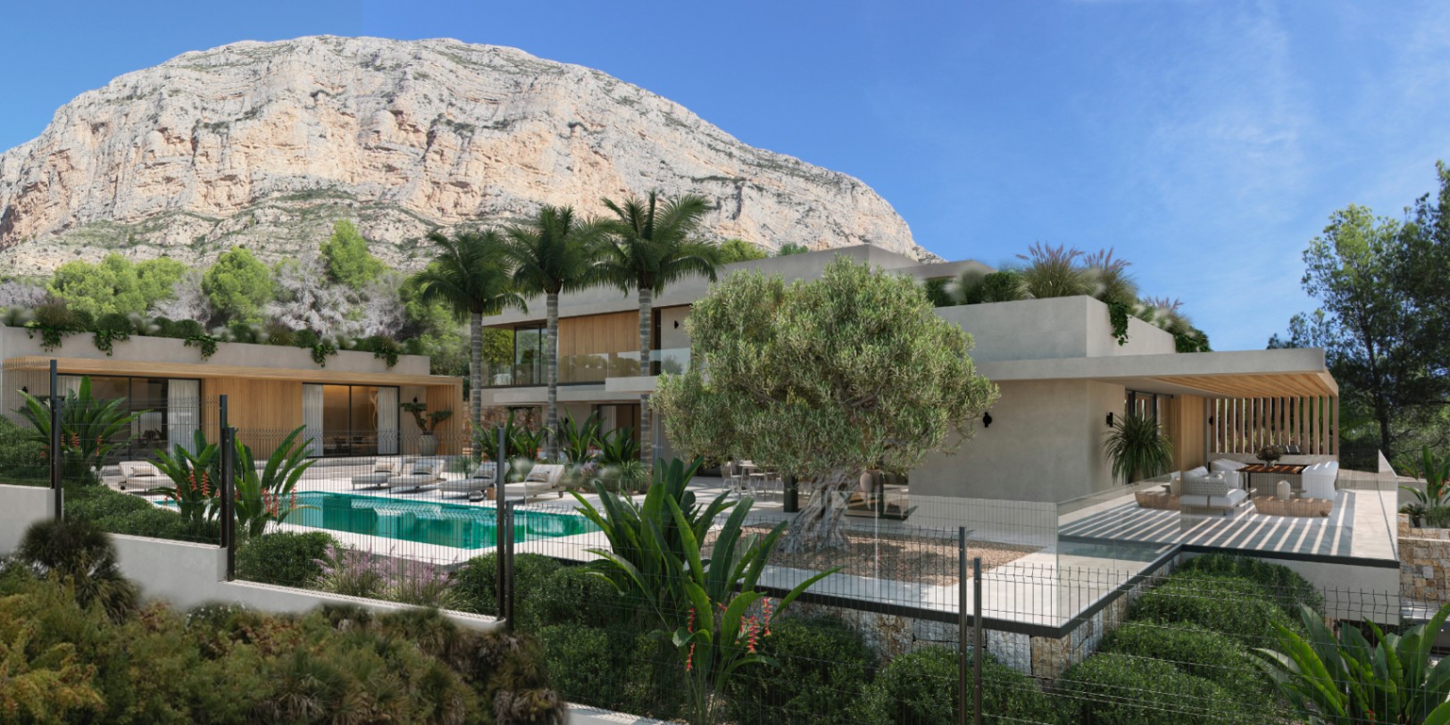 Vista exterior de la villa con piscina turquesa y jardín mediterráneo, destacando la arquitectura moderna bajo la silueta del monte Montgó en Jávea.
