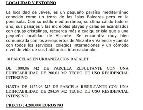 Documento técnico informativo detallando la ubicación en Jávea y las especificaciones de 18 parcelas residenciales en la Urbanización Rafalet.