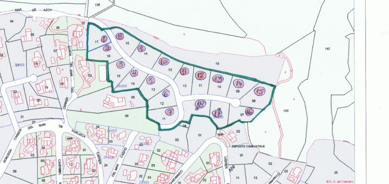 Plano catastral detallado que muestra la distribución técnica de las parcelas 11 a 17, delimitadas por un borde verde y nombres de calles locales.