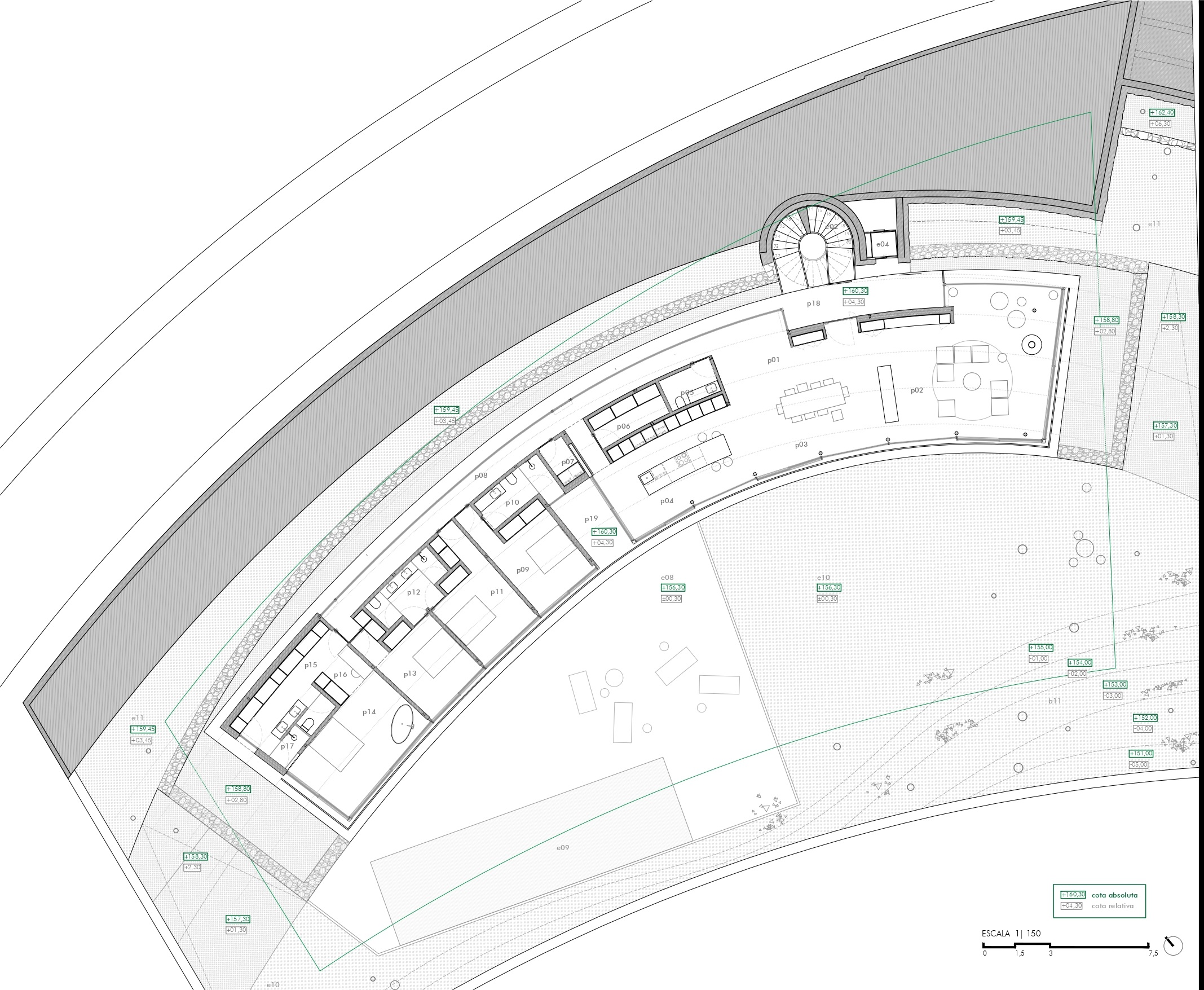 Plano arquitectónico detallado que muestra una distribución residencial curva con zonas de estar integradas, cuatro dormitorios con baños en suite y una escalera de caracol central.
