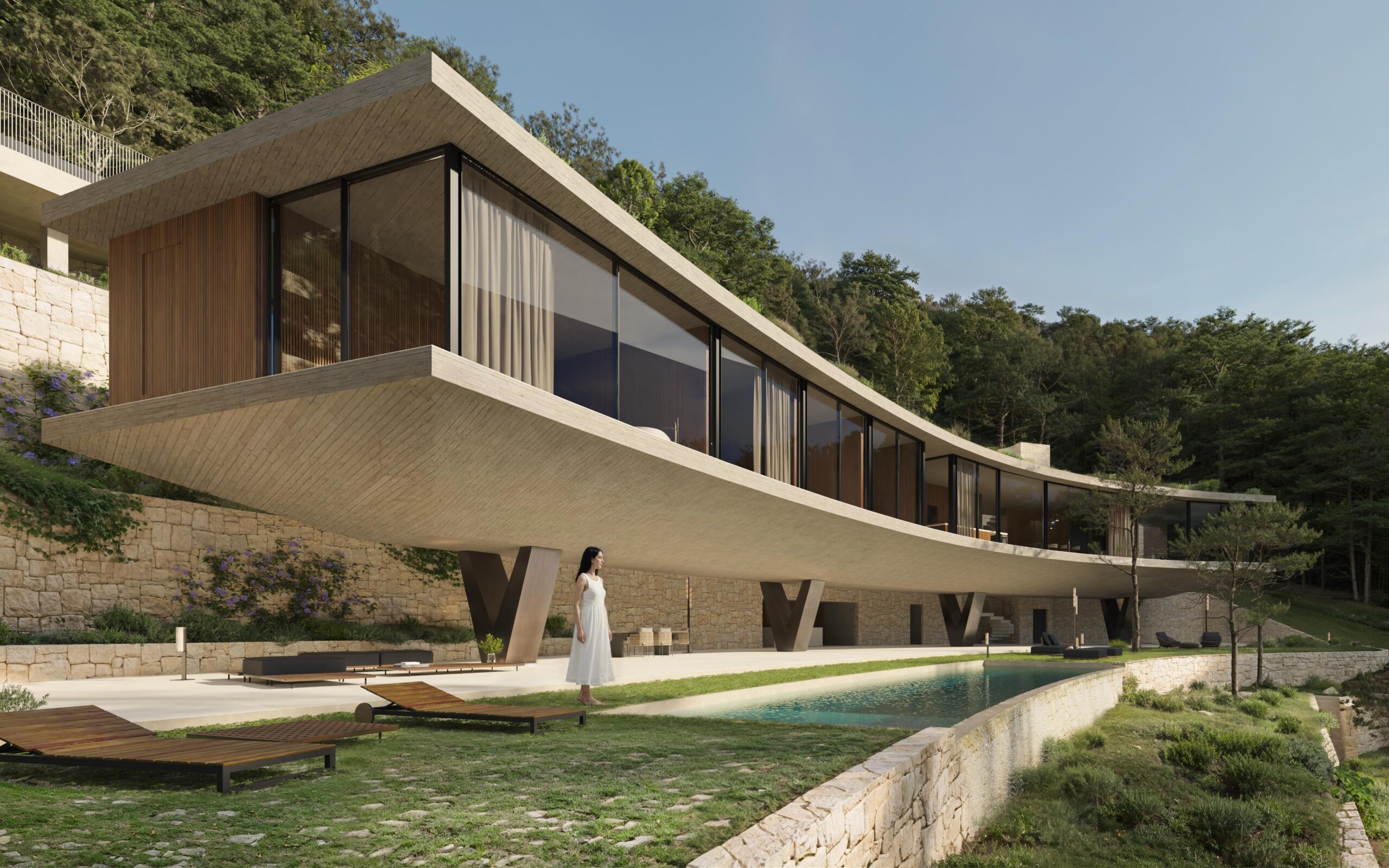 Villa moderna en voladizo con hormigón visto y amplios ventanales, que destaca por su piscina infinita curva y soportes en V integrados en una ladera boscosa.