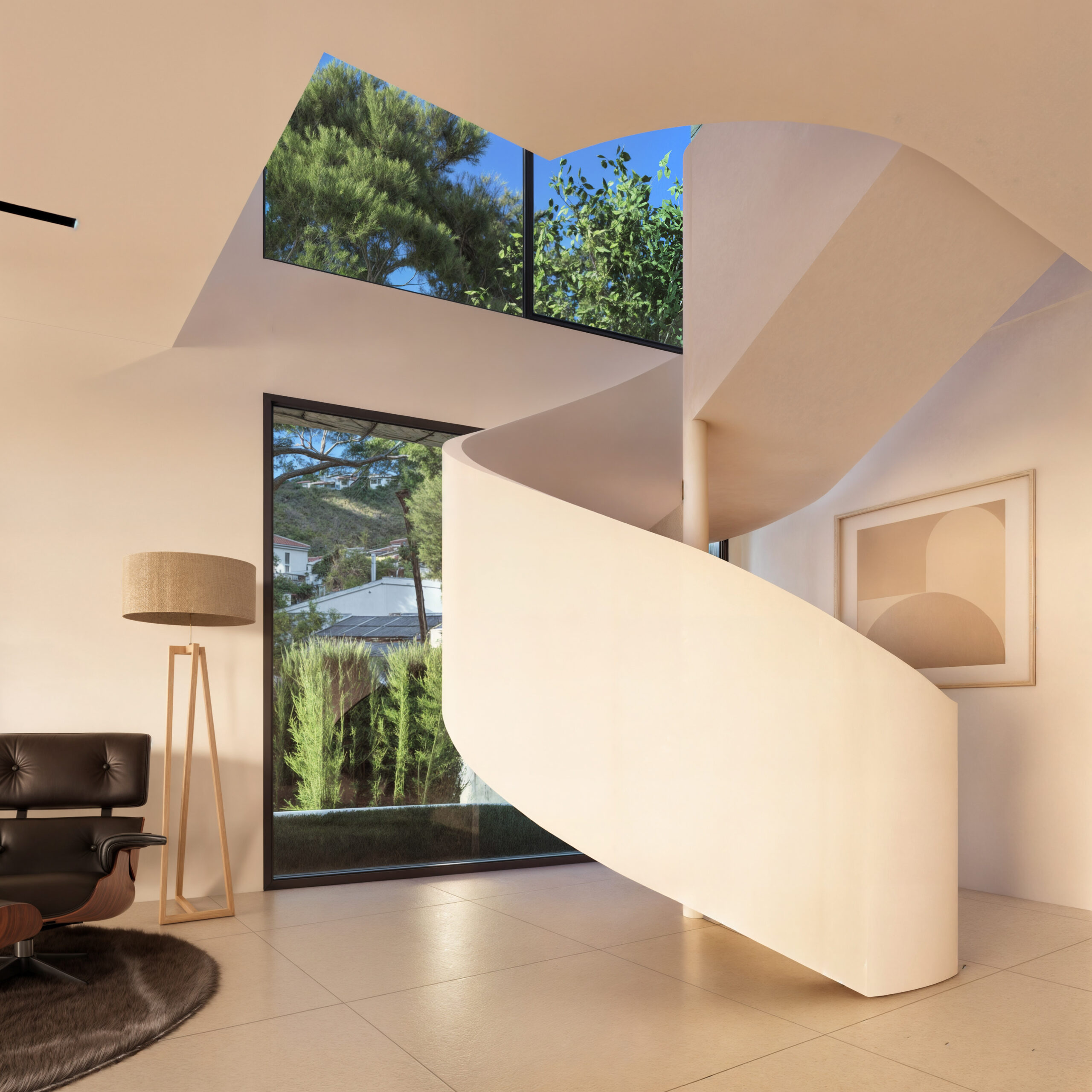 Escalera de caracol escultórica en blanco integrada en un salón diáfano con ventanales de suelo a techo, vistas a la vegetación y un rincón de lectura con mobiliario de diseño.