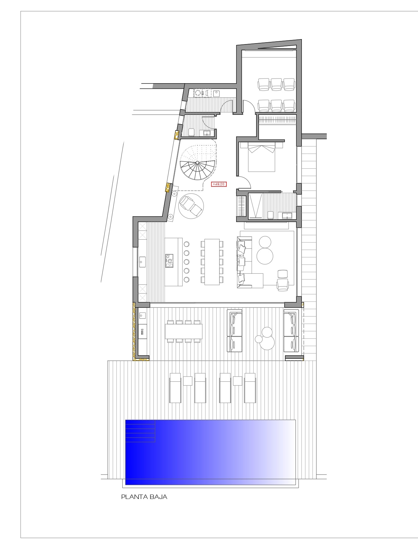 Plano técnico de la planta baja que detalla una distribución abierta con salón, cocina con isla, cine privado, dormitorio en suite y terraza exterior con piscina.