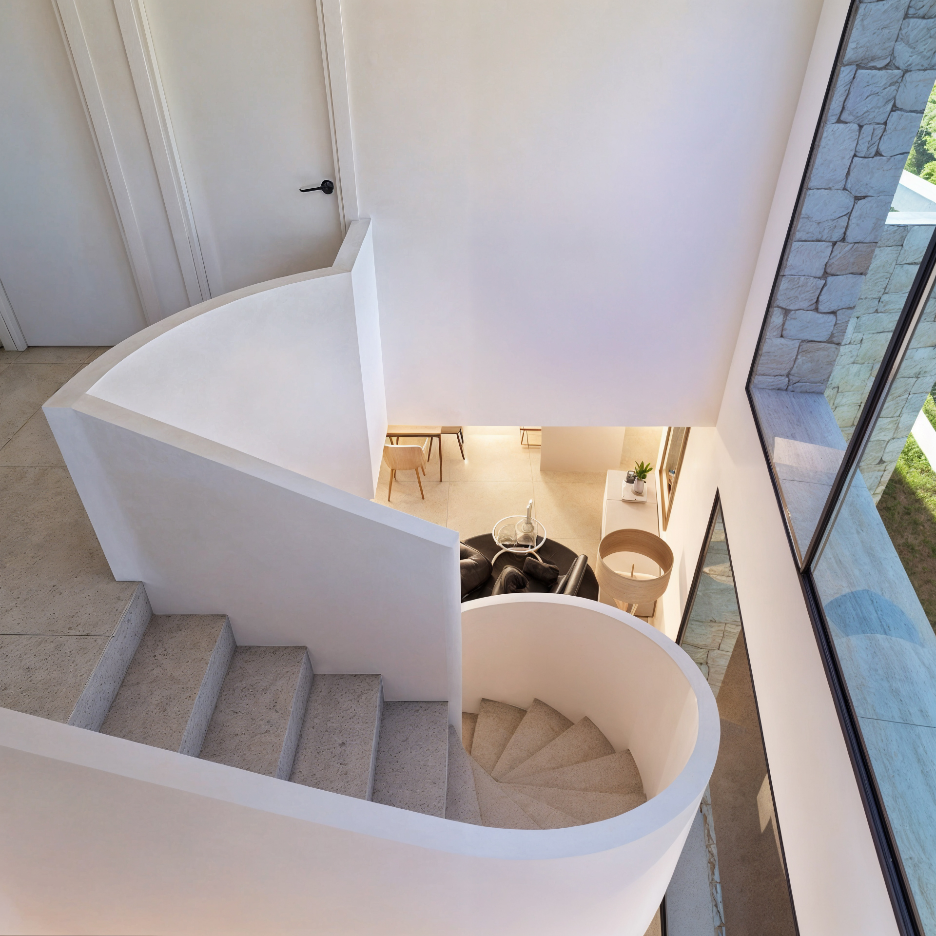Vista cenital de una escalera de caracol blanca con peldaños de piedra, que conecta con un salón minimalista y amplios ventanales con detalles en piedra natural.