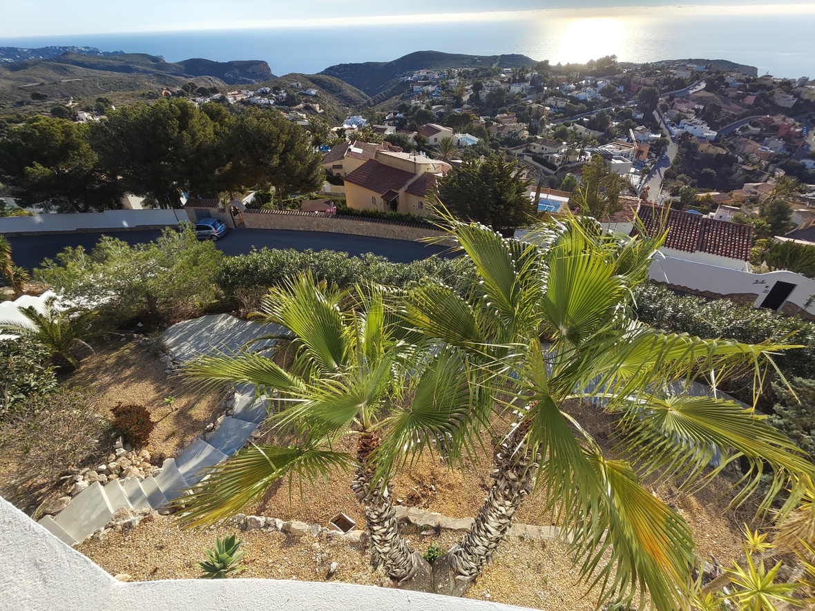 Vista elevada desde la terraza hacia un jardín mediterráneo con palmeras, escalones de piedra y vistas panorámicas de la costa y el mar.