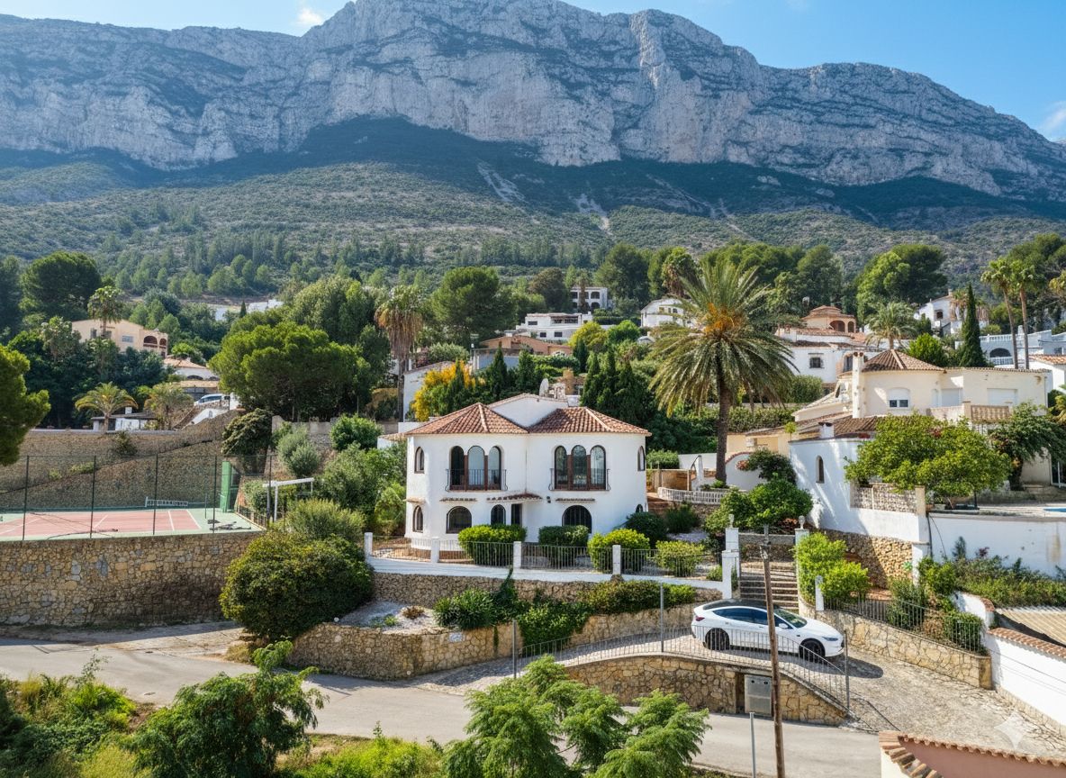 Vista exterior de una villa blanca con ventanas de arco y tejado de teja, situada frente a una imponente montaña con pista de tenis privada y jardines.