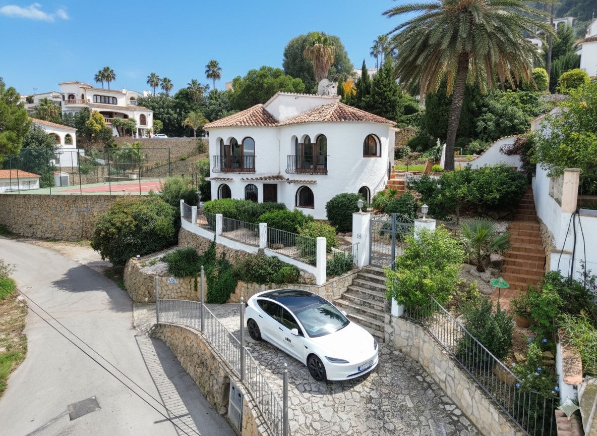 Vista exterior de una villa mediterránea de dos niveles con ventanas de arco, tejado de terracota y entrada de piedra con acceso privado y vegetación madura.