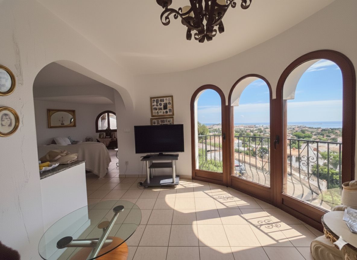 Zona de estar luminosa con tres ventanales de madera en arco, vistas panorámicas al mar y suelos de baldosa que conectan con el dormitorio.
