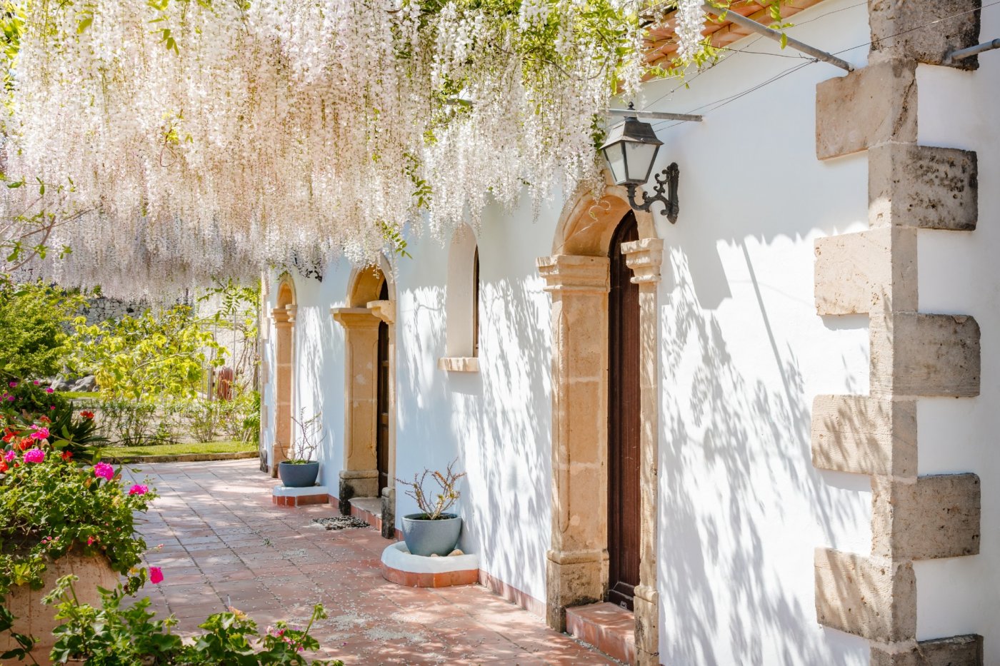 Fachada blanca con arcos de piedra tosca y una pérgola natural de glicinias blancas sobre un suelo de baldosas de terracota.