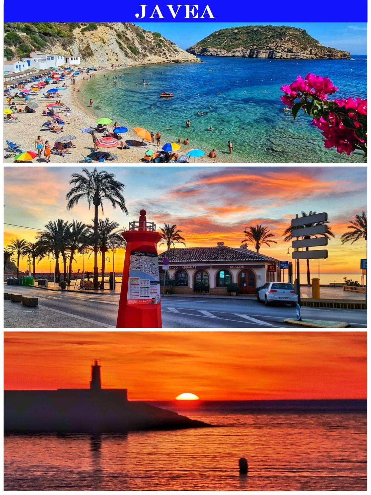 Composición de imágenes de Jávea que incluye la Cala del Portichol con aguas cristalinas, el puerto bajo un atardecer vibrante y la silueta del faro al ocaso.