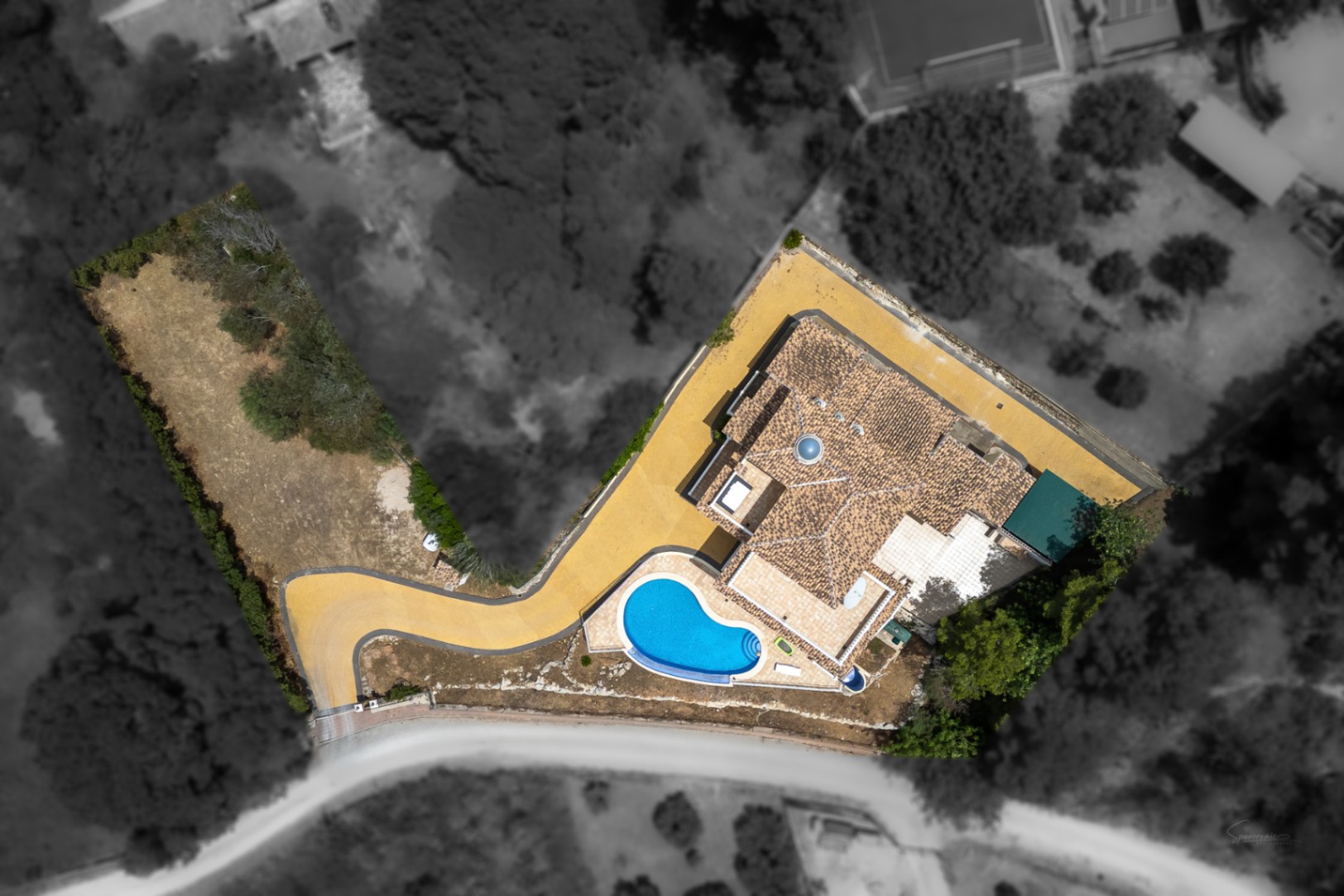 Vista aérea cenital de la propiedad que destaca la piscina infinity, el tejado de teja tradicional con su cúpula central y el amplio acceso pavimentado en una parcela elevada.