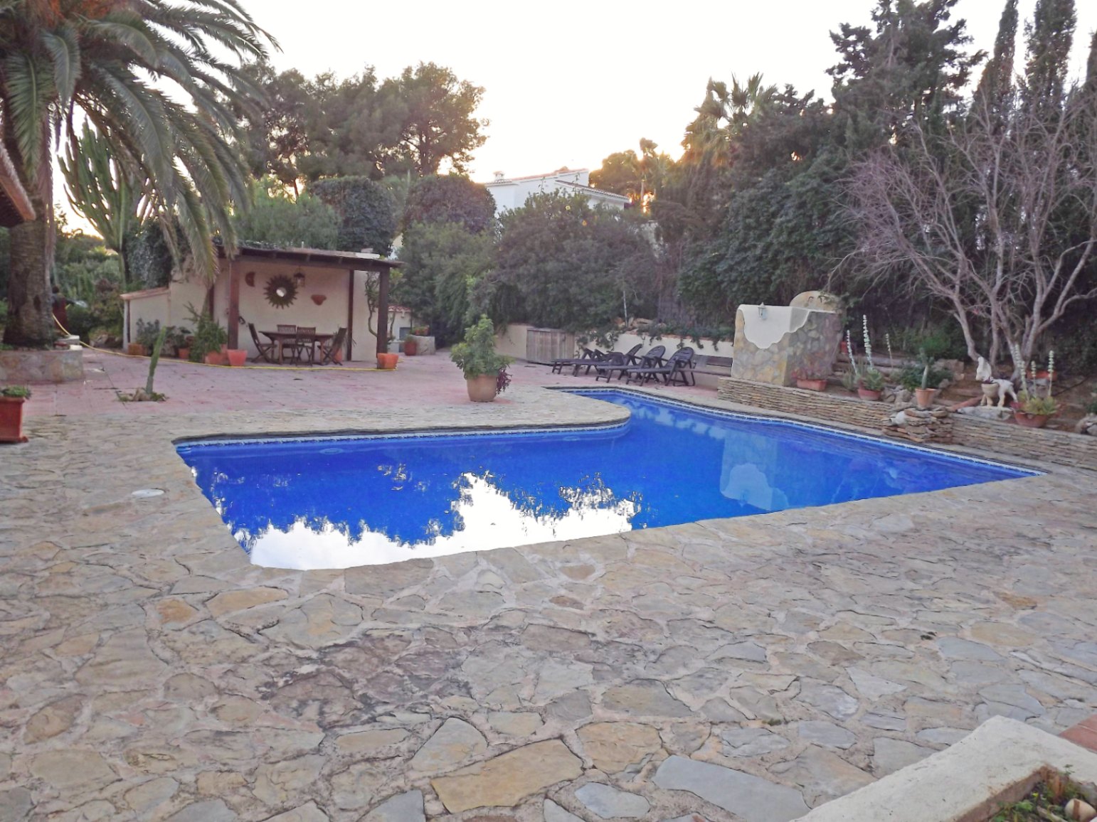 Piscina de 12x5m rodeada de una amplia terraza de piedra natural, zona de barbacoa cubierta y vegetación mediterránea madura bajo la luz del atardecer.