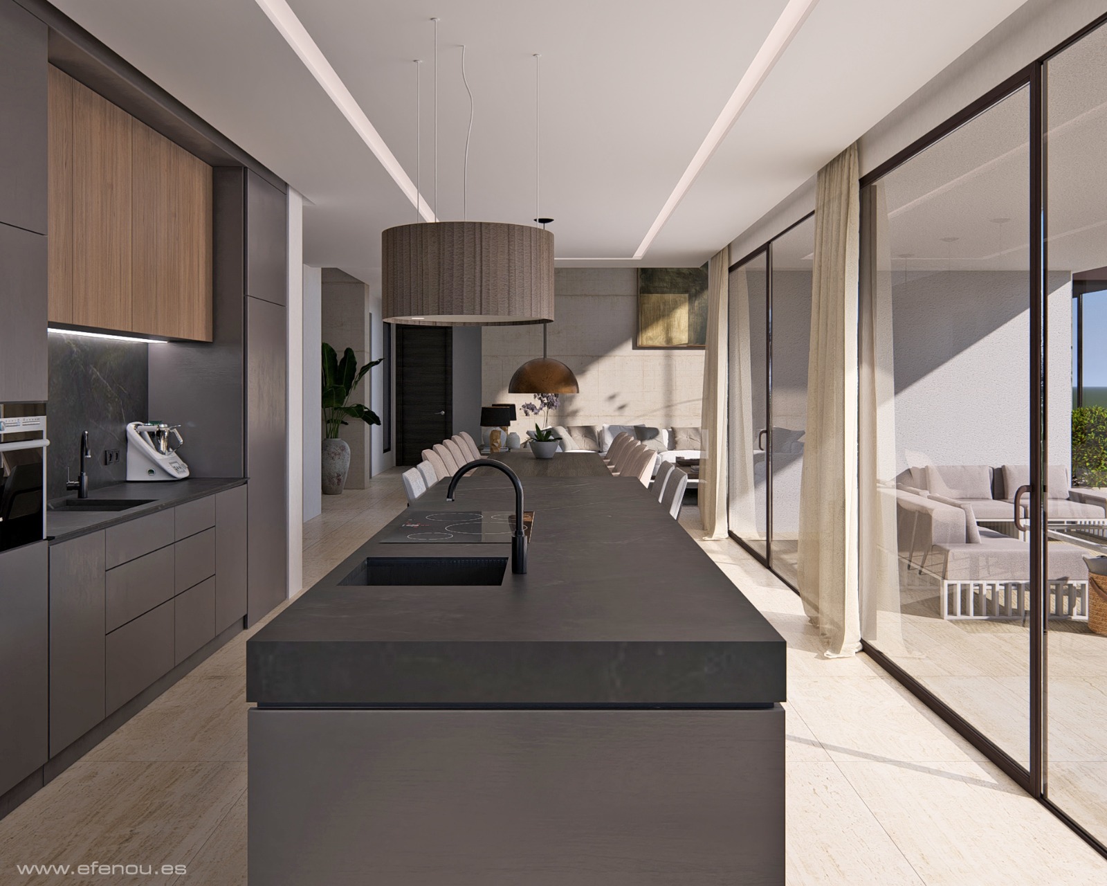 Cocina moderna de concepto abierto con isla central en tonos antracita, encimera de piedra y acceso directo a la terraza mediante grandes ventanales correderos.