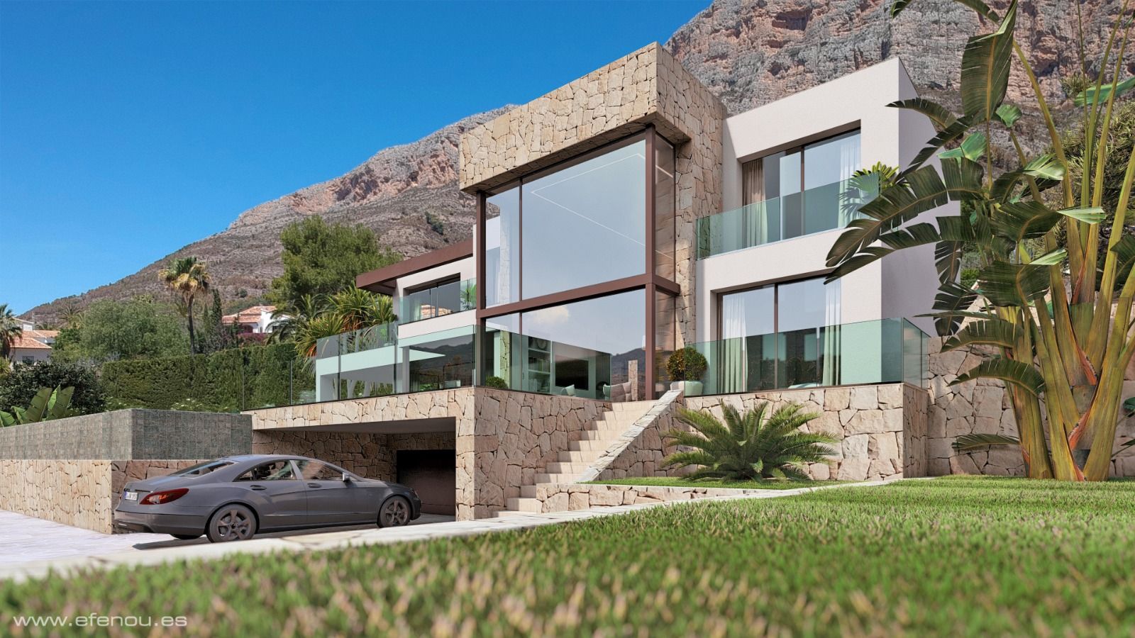 Fachada de estilo moderno con revestimiento de piedra natural, grandes ventanales de doble altura y garaje integrado bajo la terraza principal a los pies del Montgó.