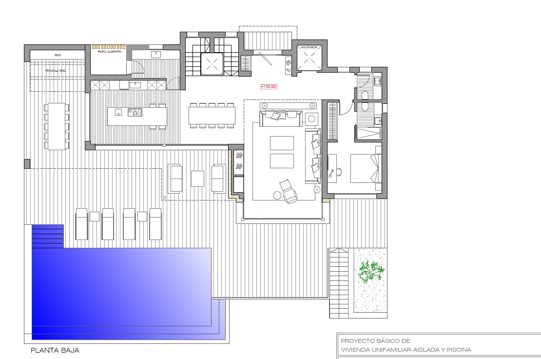 Plano técnico de la planta baja que muestra la distribución de la cocina abierta, salón-comedor, un dormitorio con baño y la amplia terraza con piscina y zona de barbacoa.