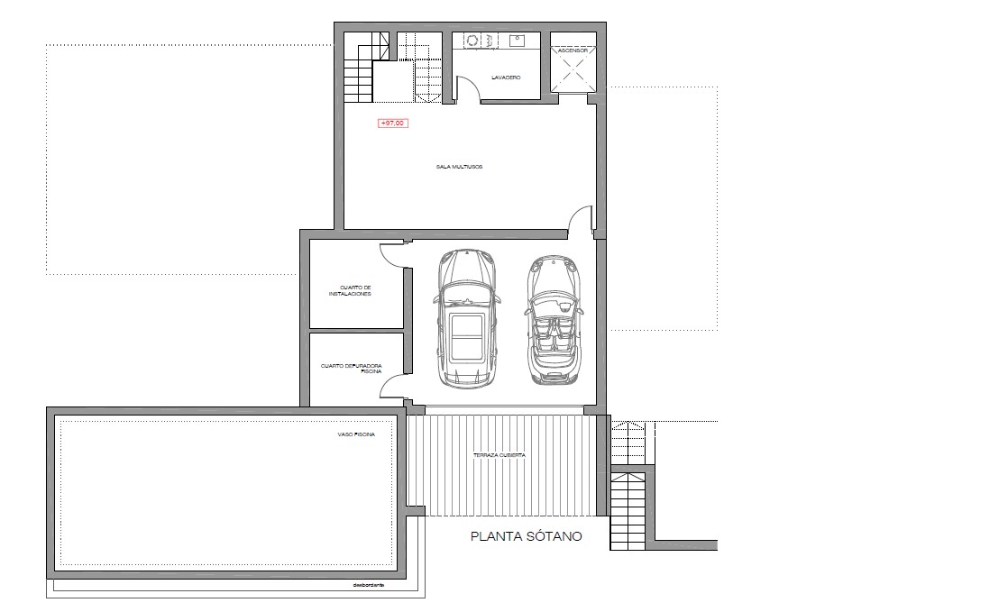 Plano técnico de la planta sótano que incluye un garaje doble, sala multiusos, lavadero, cuartos técnicos y preinstalación de ascensor junto a la zona de piscina.