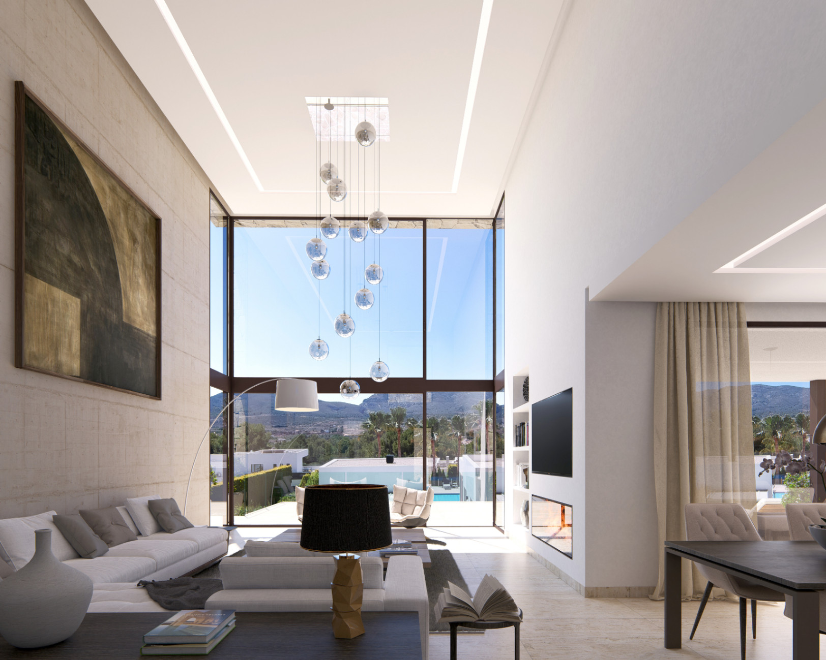 Salón de doble altura con ventanales de seis metros, pared decorativa de piedra, chimenea integrada y vistas despejadas al Montgó desde el interior.