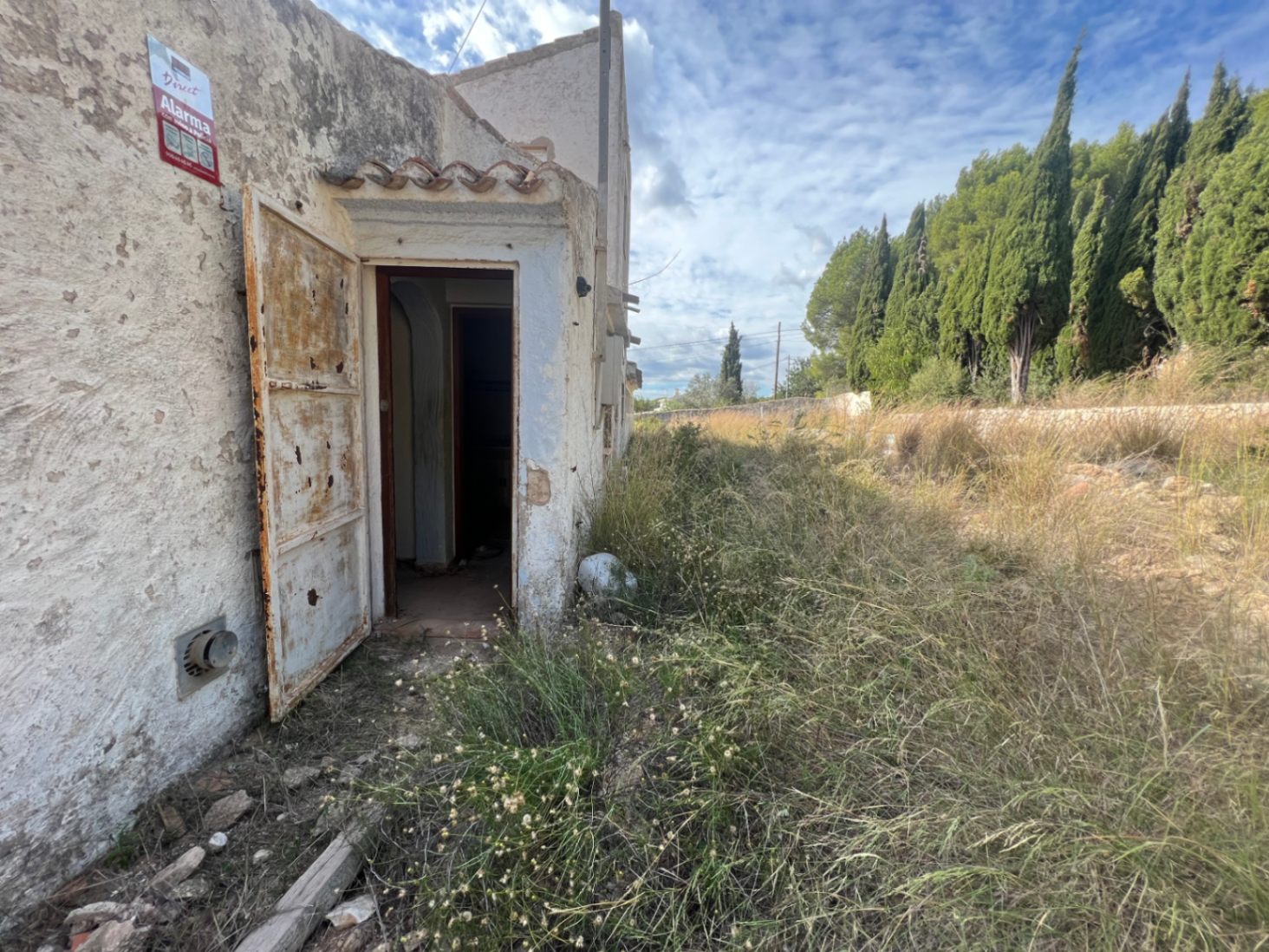 Exterior de una construcción secundaria con puerta metálica oxidada y fachada para reformar, rodeada de vegetación natural y cipreses en una gran parcela.