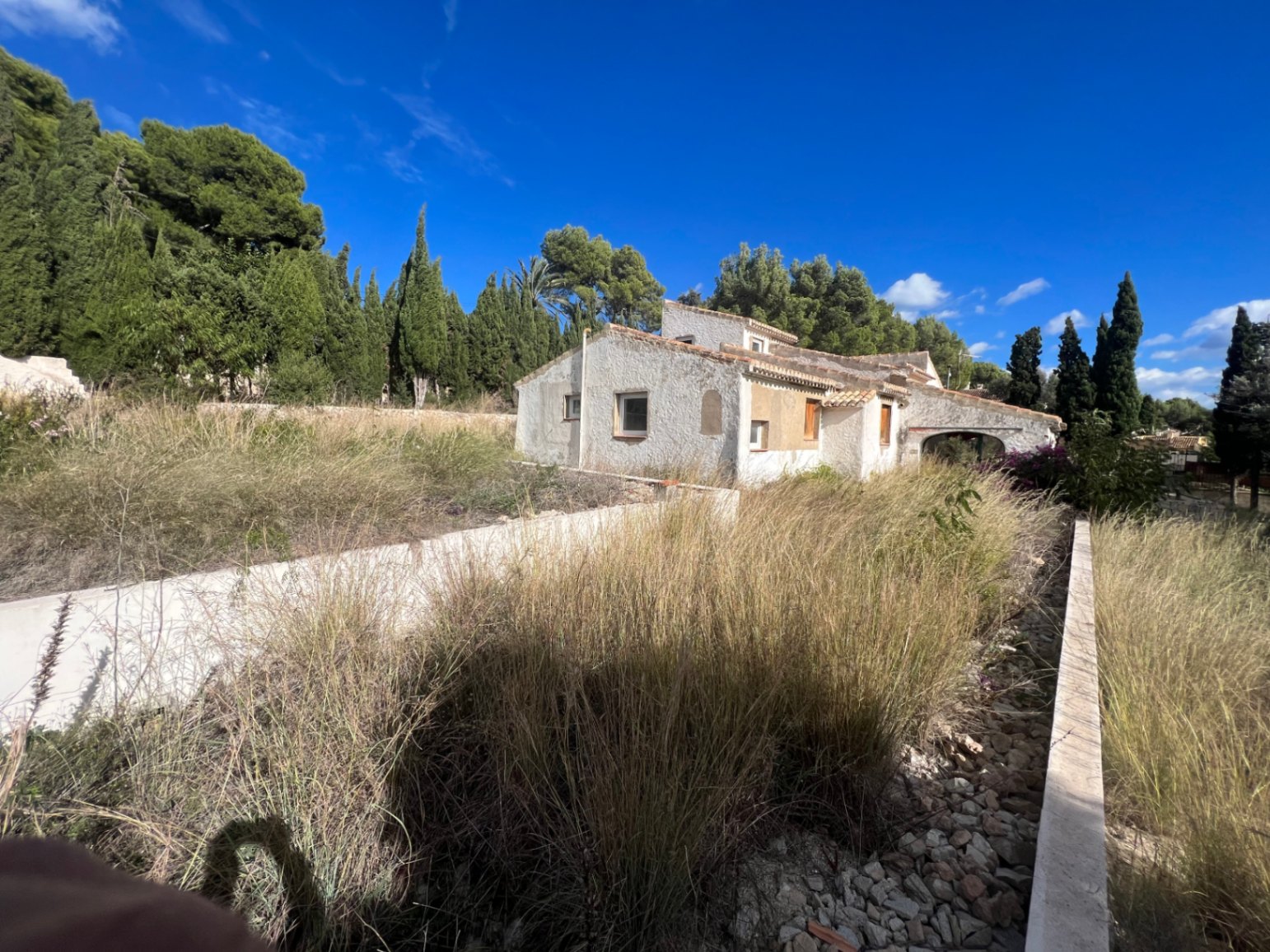 Vista exterior de la fachada lateral del chalet rodeada de vegetación natural y pinos, mostrando la arquitectura tradicional y el potencial de renovación de la parcela.