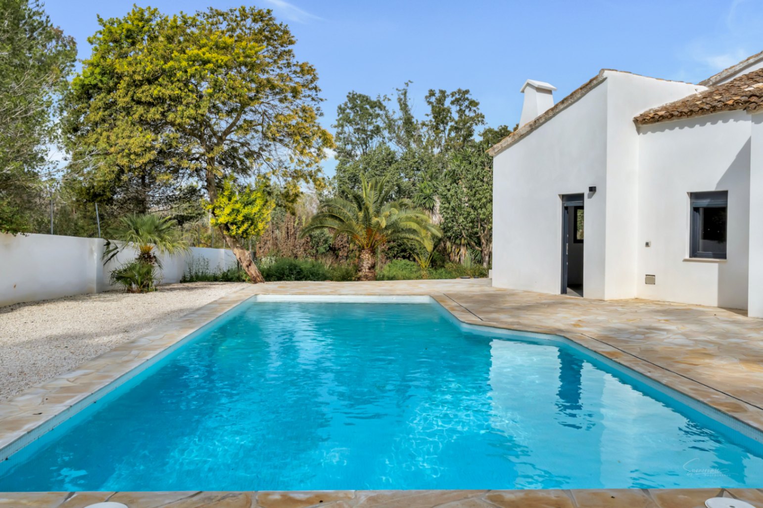 Piscina exterior rodeada de una terraza de piedra natural y muros blancos de estilo mediterráneo, integrada en un jardín con árboles maduros y palmeras.