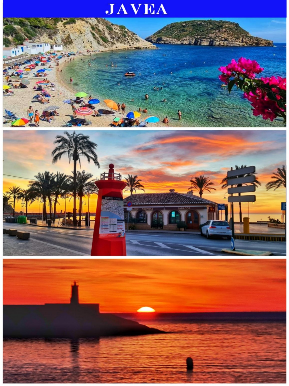 Composición de paisajes de Jávea: cala de aguas turquesas con bañistas, zona portuaria con palmeras al atardecer y silueta del faro bajo un cielo naranja intenso.
