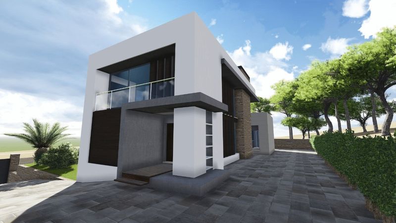 Exterior moderno con fachada geométrica blanca, detalles en piedra, balcón con barandilla de cristal y entrada pavimentada rodeada de pinos mediterráneos.