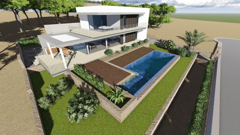 Villa contemporánea de dos niveles con piscina rectangular, cubiertas de madera, porche sombreado y jardines integrados con muros de piedra perimetrales.