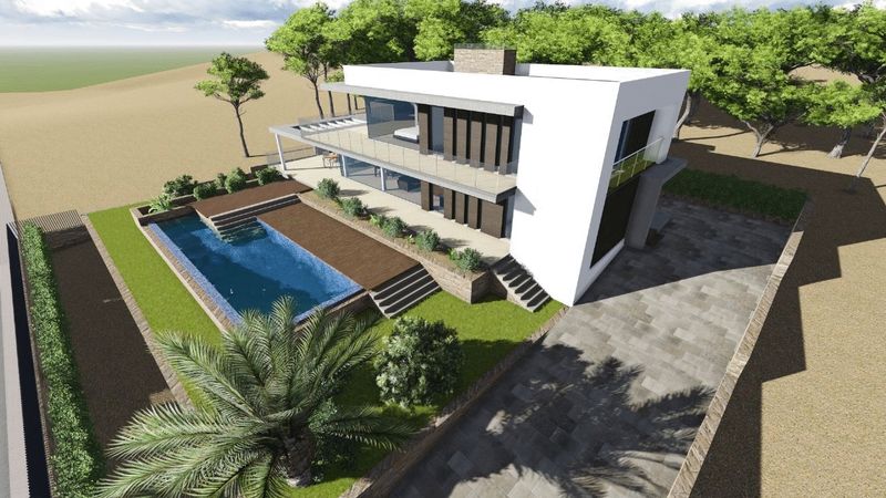 Vista aérea de la arquitectura moderna en blanco, con piscina rectangular, tarima de madera y jardín paisajístico con entrada de piedra.