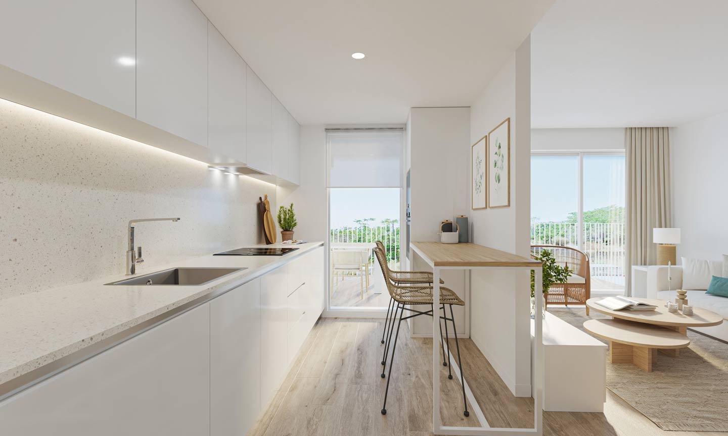 Cocina moderna de concepto abierto con armarios blancos, encimera de piedra y barra con taburetes de mimbre, conectada a un salón luminoso y terraza exterior.