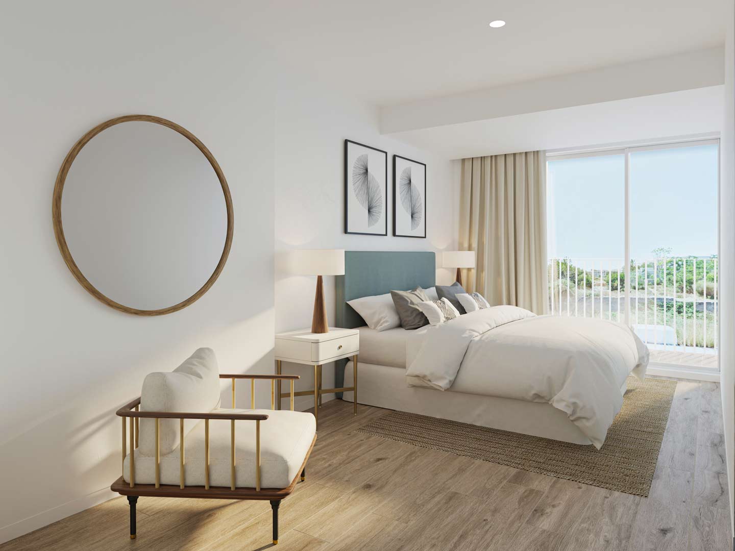 Dormitorio contemporáneo con cabecero azul, suelos de madera clara y acceso directo a una terraza privada mediante ventanales correderos.