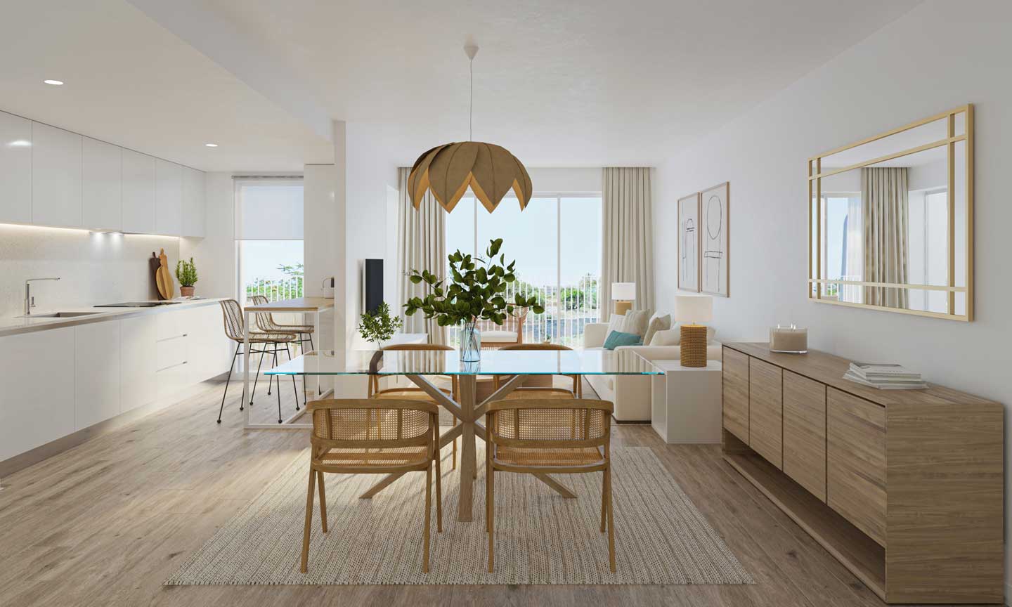 Salón-comedor de concepto abierto con mesa de cristal, sillas de rejilla, cocina blanca minimalista y suelos de efecto madera bañados por luz natural.