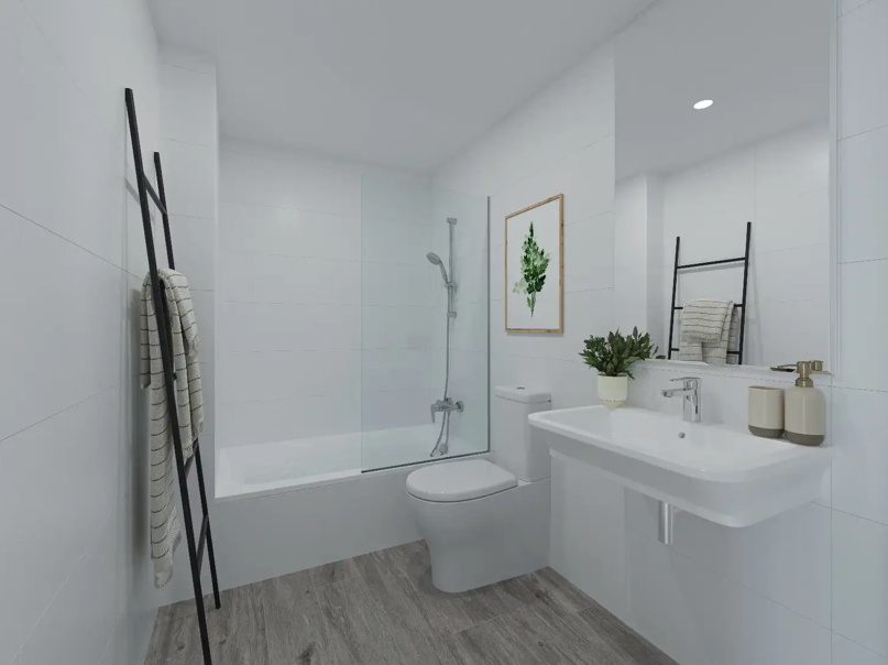 Baño moderno con azulejos blancos, bañera con mampara de cristal, suelo de efecto madera y lavabo suspendido con grifería cromada.