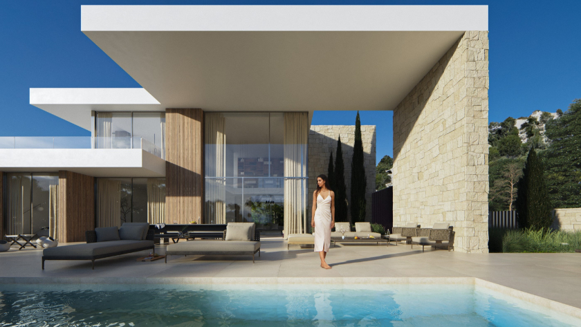 Exterior de villa moderna con gran porche voladizo, muros de piedra natural y piscina infinita integrada con fachadas acristaladas de doble altura.