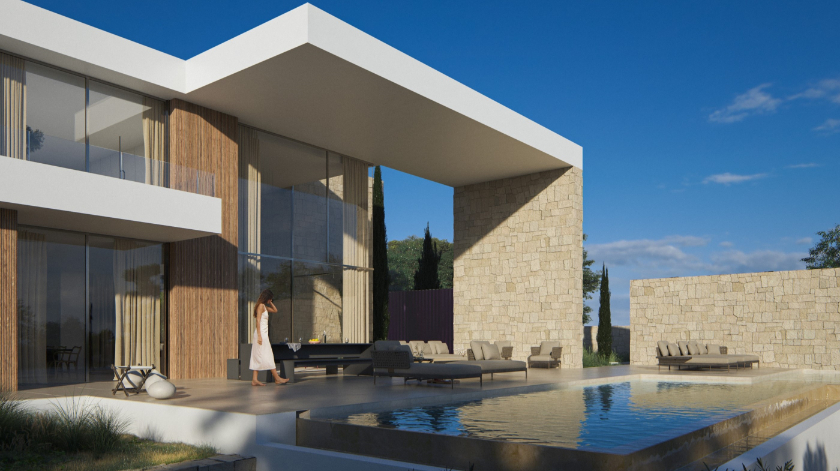 Exterior de villa moderna con piscina infinita, muros de piedra natural y un porche de doble altura con listones de madera y grandes ventanales.