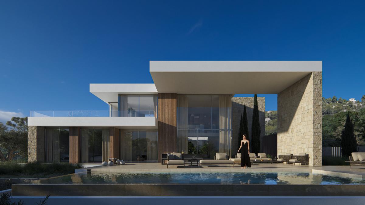 Fachada exterior con piscina infinita, techos en voladizo y una combinación de muros de piedra natural, revestimientos de madera y grandes superficies acristaladas.