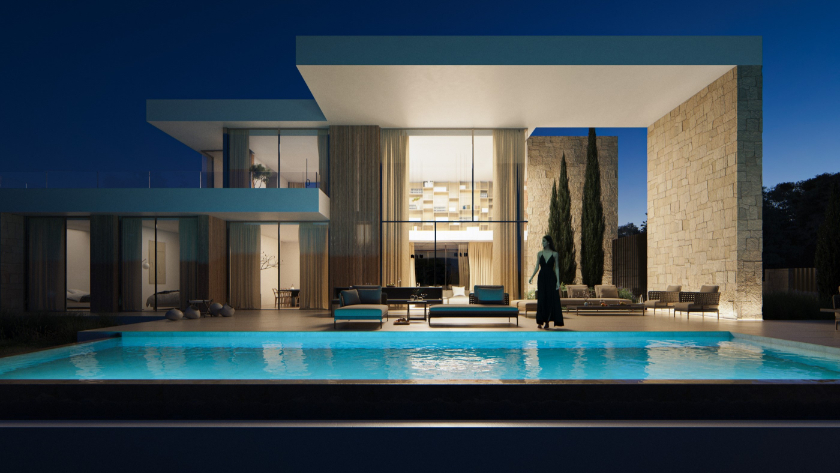 Vista exterior al atardecer con piscina infinita, muros de piedra natural y porche de doble altura con mobiliario minimalista y grandes ventanales.