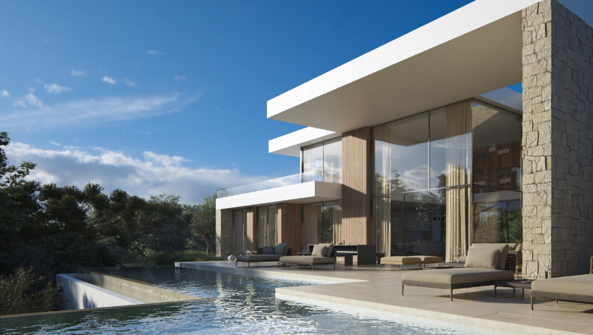 Vista exterior con piscina infinita de varios niveles, muros de mampostería en piedra natural y grandes fachadas acristaladas bajo una estructura de techo voladizo.