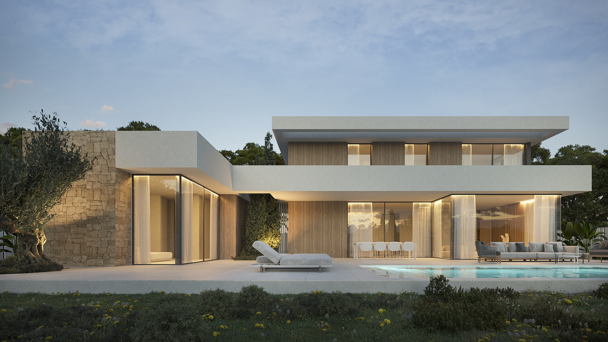 Fachada de villa moderna con muros de piedra natural, paneles de madera y grandes ventanales frente a la piscina privada y terraza ajardinada.