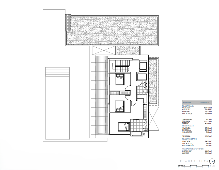 Plano arquitectónico detallado de la planta alta que muestra tres dormitorios, dos baños y terraza, junto con el cuadro técnico de superficies construidas totales.