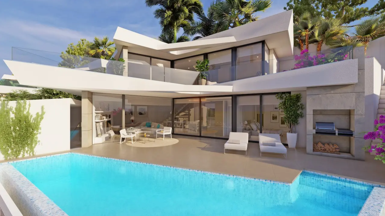 Exterior de villa moderna con piscina infinita, barbacoa de piedra integrada y amplia terraza con mobiliario de descanso y grandes ventanales de cristal.