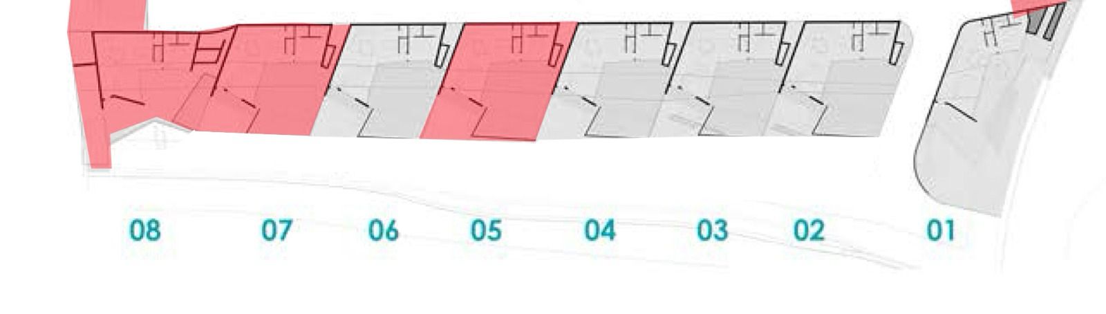 Plano de planta general que detalla la distribución de las viviendas 01 a 08, con unidades seleccionadas en rojo para mostrar la disponibilidad actual.