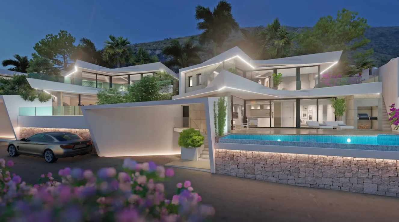 Villa moderna de varios niveles con arquitectura geométrica blanca, iluminación LED integrada, piscina infinita y muros de piedra natural frente a la montaña.