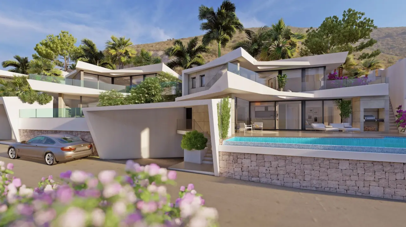 Villa moderna de varios niveles con fachada blanca angular, piscina infinita sobre muro de piedra natural y zona de barbacoa integrada rodeada de palmeras.