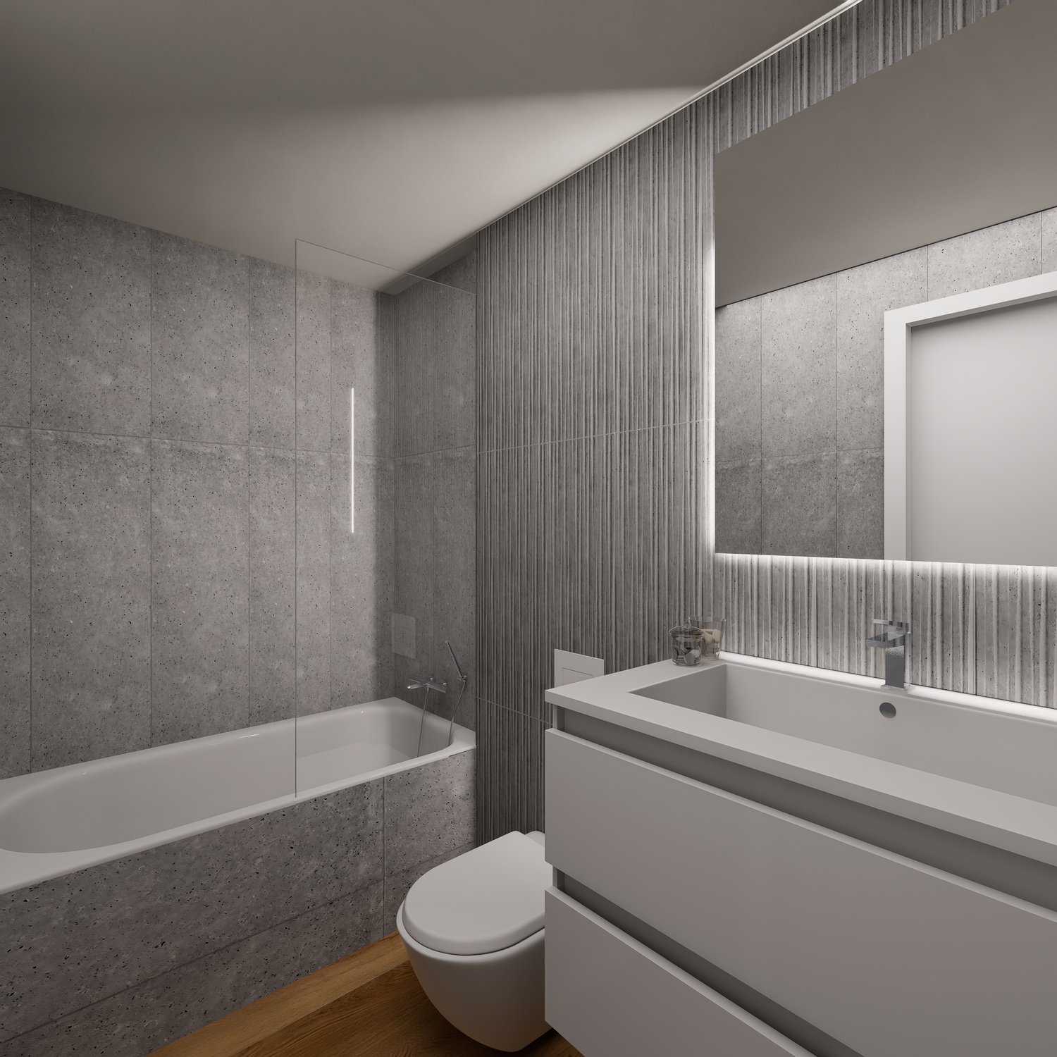 Baño moderno con azulejos efecto piedra gris, pared acentuada con textura y lavabo suspendido. Incluye bañera con mampara de cristal y espejo con retroiluminación LED.